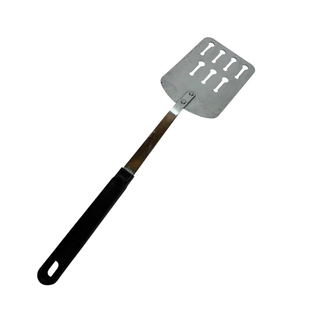 Vintage EKCO USA Slotted Spatula Stainless Steel Black Handle Turner Angle 12.5"